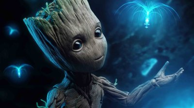 Cute Baby Groot Aesthetic Wallpaper HD 4K - Cinematic Bioluminescent Scene