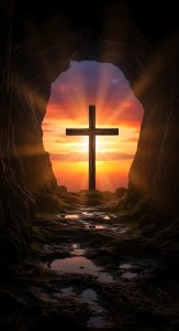Spiritual Cross at Cave Entrance Sunset Wallpaper HD 4K Aesthetic