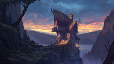 Fantasy Cliffside House Aesthetic Wallpaper HD 4K - Cool Digital Art
