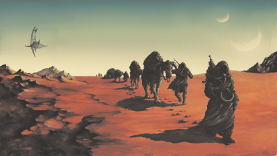 Aesthetic Sci-Fi Desert Nomad Caravan Wallpaper HD 4K - Alien World Art