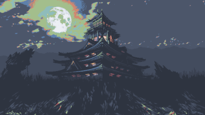 Cool Aesthetic Pixel Art Japanese Castle Night Moon Wallpaper HD 4K