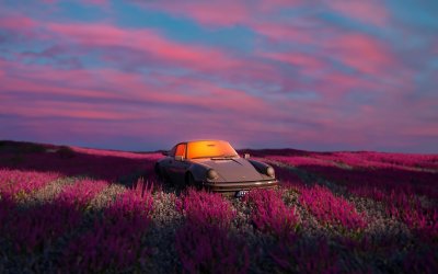 Aesthetic Classic Porsche 911 in Purple Flower Field Wallpaper HD 4K
