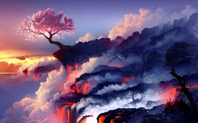 Fantasy Cherry Blossom Lava Landscape Wallpaper HD 4K Aesthetic Art