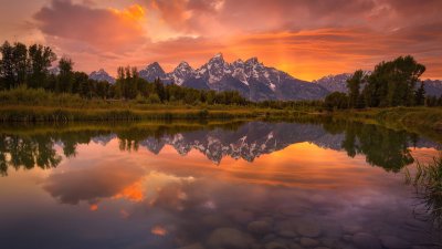 Majestic Grand Teton Sunset Reflection Wallpaper HD 4K Aesthetic Landscape