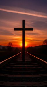 Spiritual Cross on Railway Track Sunset Wallpaper HD 4K Aesthetic