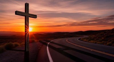 Inspirational Cross at Sunset Road Wallpaper HD 4K Aesthetic