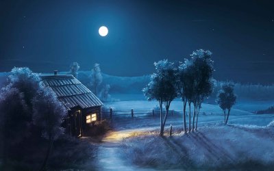 Cozy Cabin Under Full Moonlight Night Landscape Wallpaper HD 4K Aesthetic