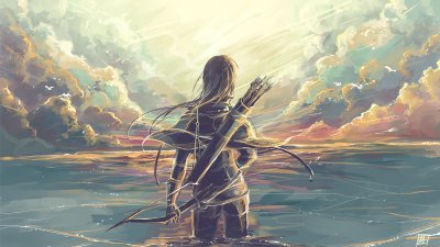 Fantasy Archer Girl Sunset Wallpaper HD 4K - Aesthetic Digital Art