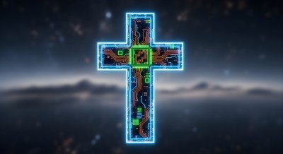 Futuristic Neon Cross Wallpaper HD 4K - Aesthetic Cyberpunk Tech Art