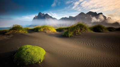Dramatic Black Sand Beach Vestrahorn Iceland Wallpaper HD 4K Aesthetic