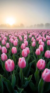 Pink Tulip Field Sunrise Wallpaper HD 4K - Aesthetic Nature Background