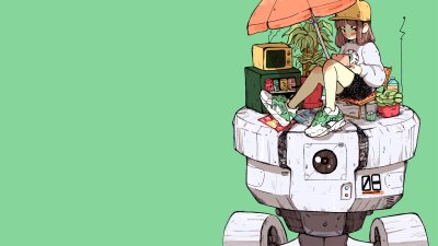 Aesthetic Anime Girl on Futuristic Robot Wallpaper HD 4K - Cool Lofi Art