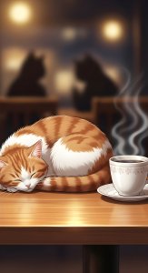 Cozy Sleeping Cat in Cafe Aesthetic Wallpaper HD 4K for Mobile