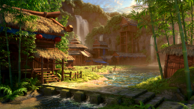 Serene Fantasy Bamboo Village Waterfall Wallpaper HD 4K Aesthetic