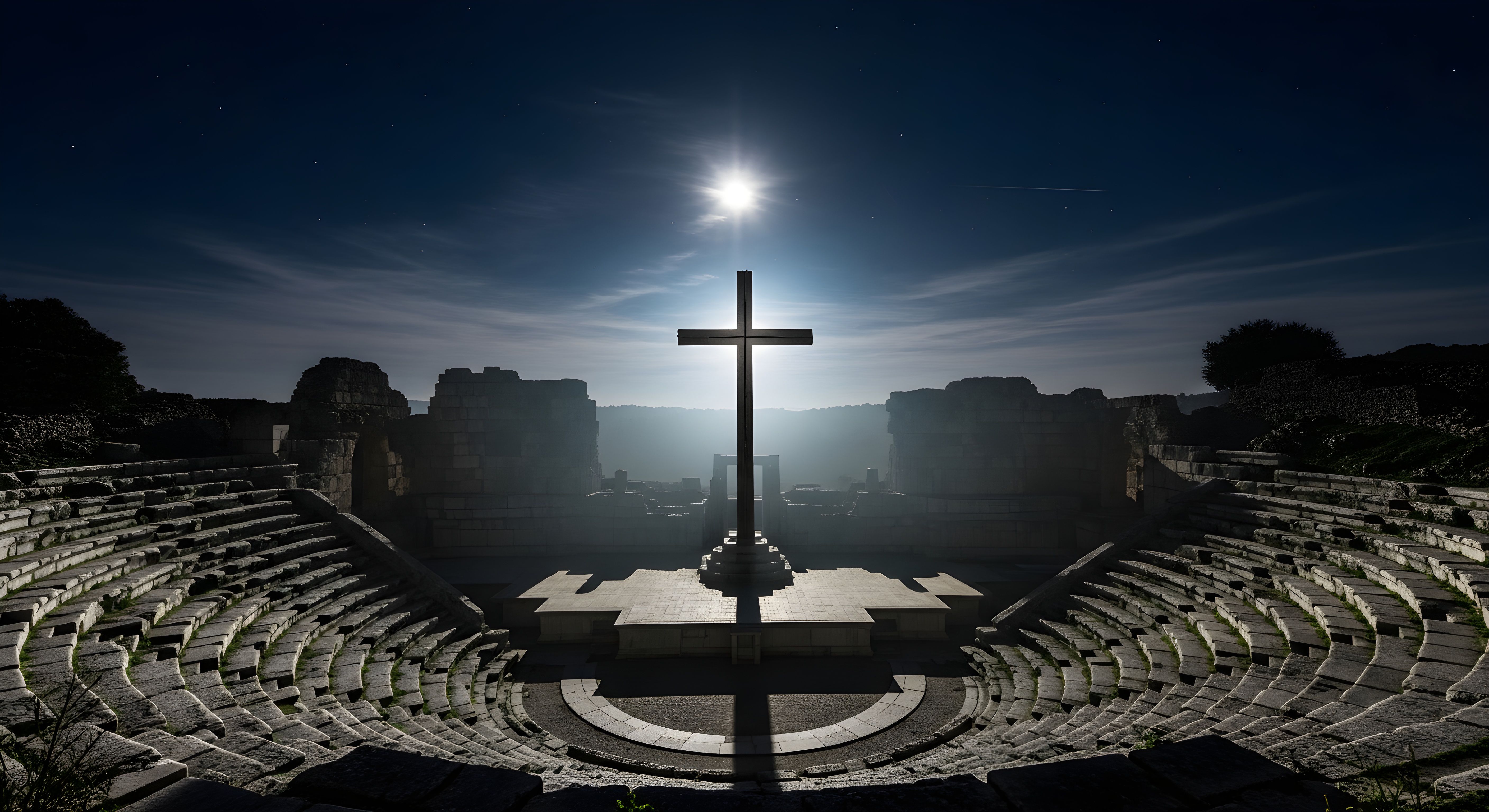 Aesthetic Cross in Ancient Ruins Wallpaper HD 4K - Spiritual Night Scene