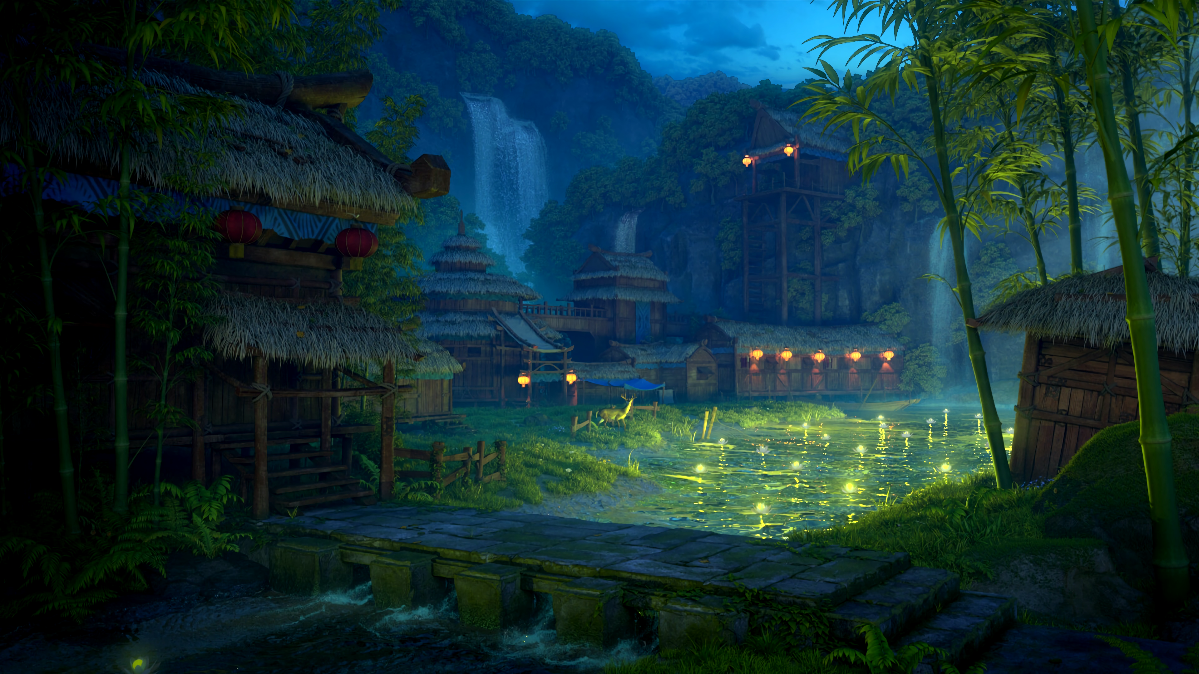Aesthetic Fantasy Village Wallpaper HD 4K - Serene Night Landscape