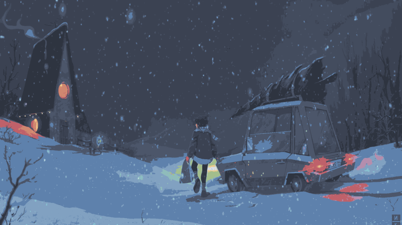 Cozy Winter Night Aesthetic Wallpaper HD 4K - Christmas Cabin Scene