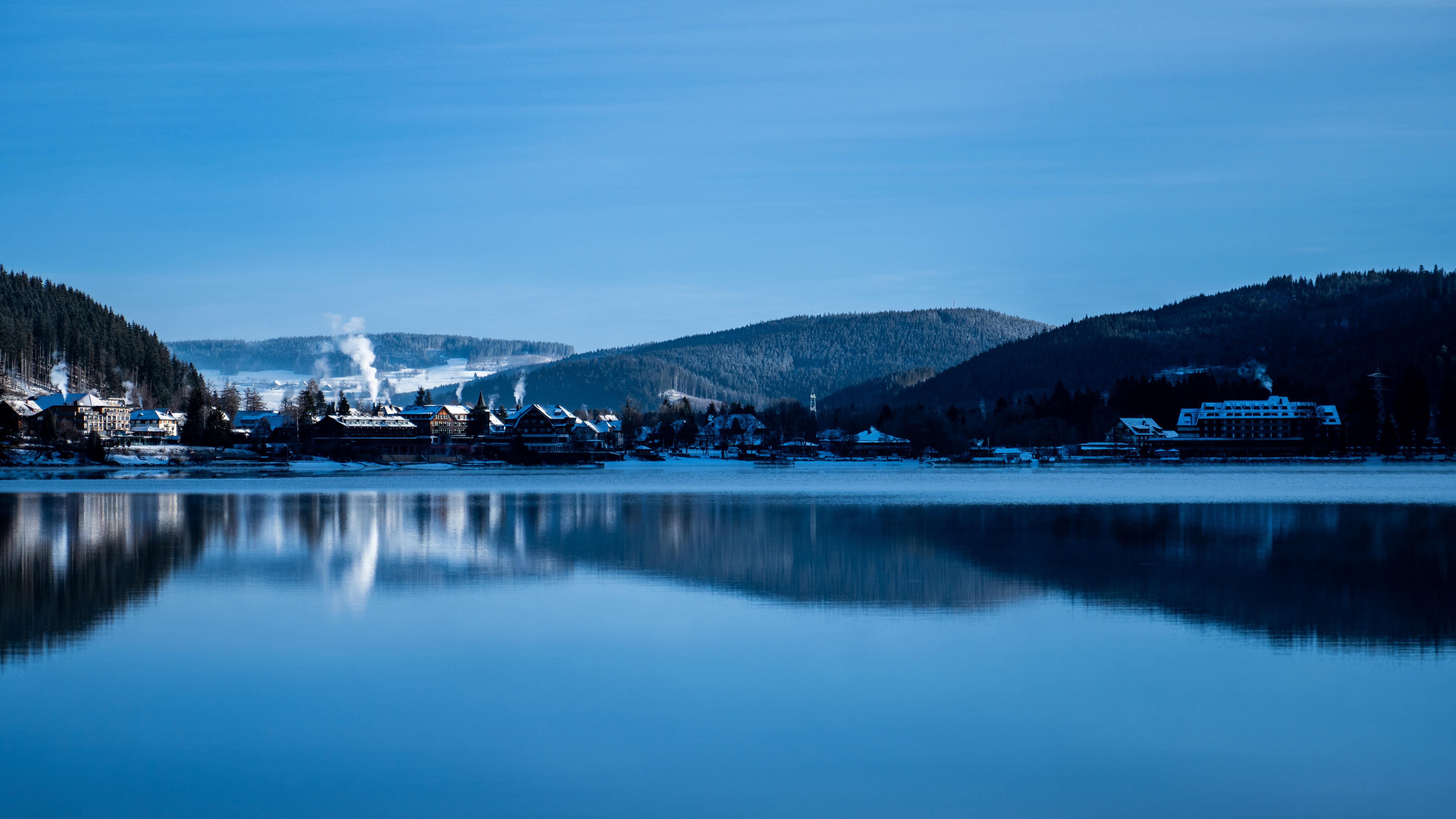 Serene Winter Lake Village Reflection HD 4K Wallpaper Aesthetic