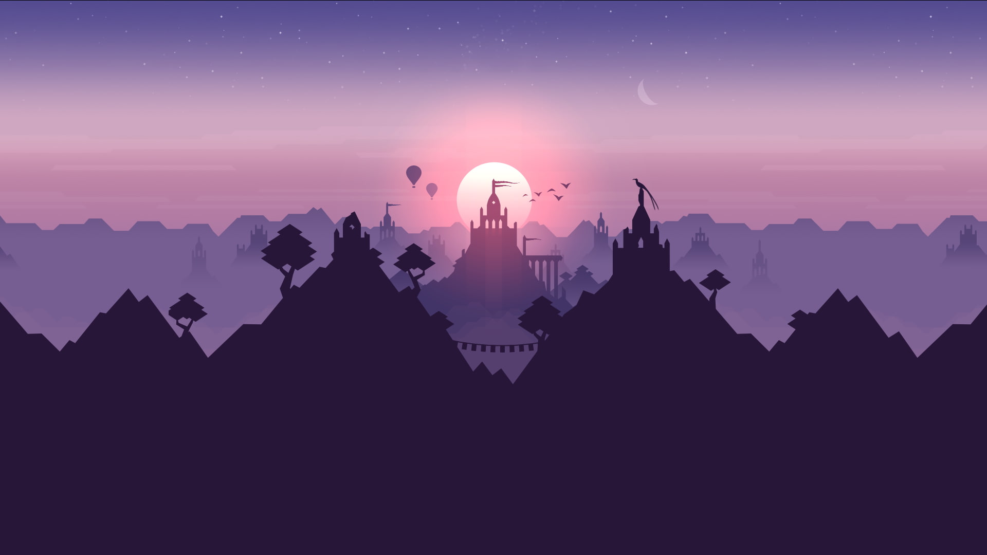 Aesthetic Purple Sunset Landscape Wallpaper HD 4K Minimalist Castle Art
