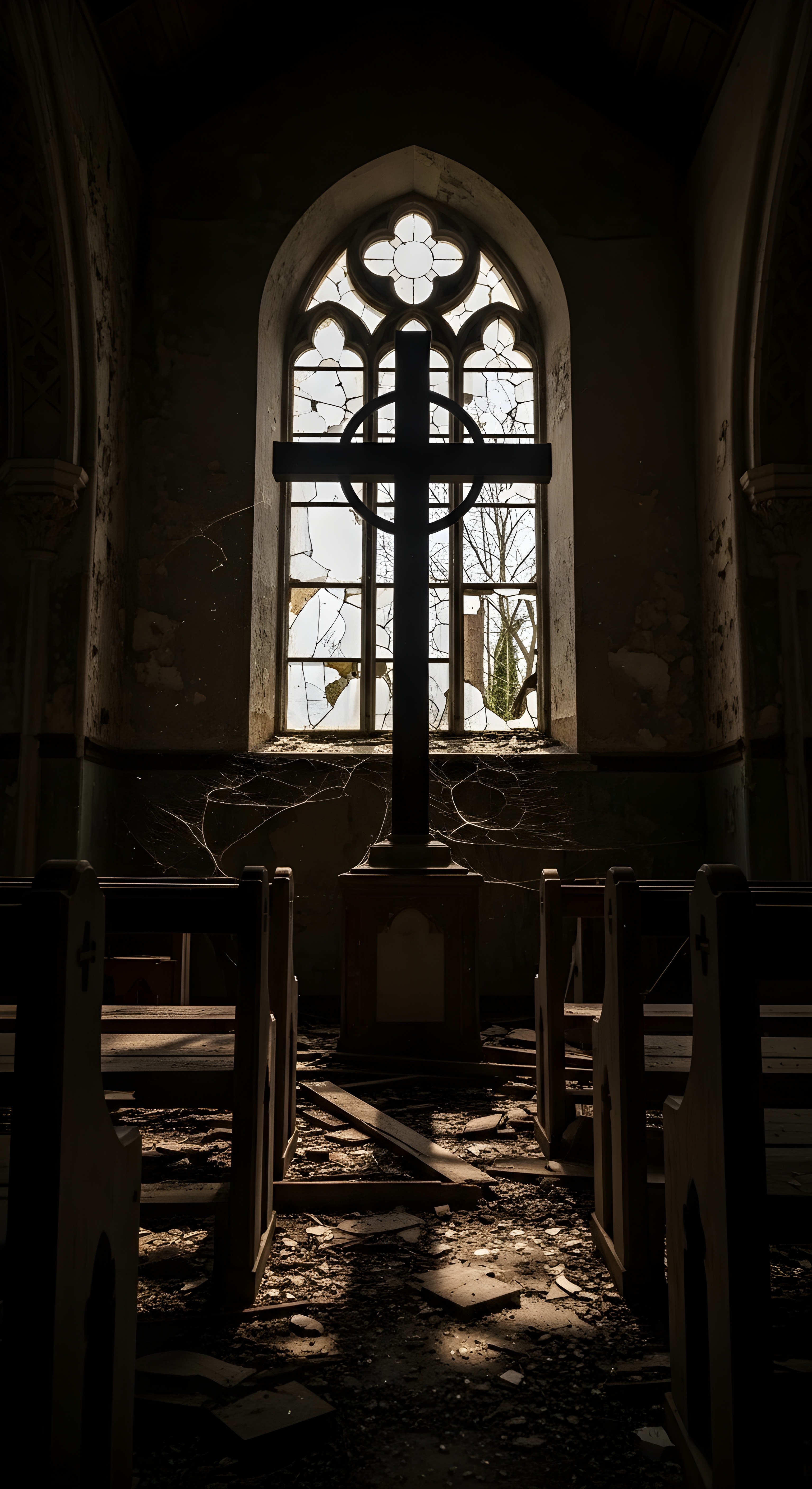 Dark Aesthetic Abandoned Church Cross Wallpaper 4K - Haunting Ruins