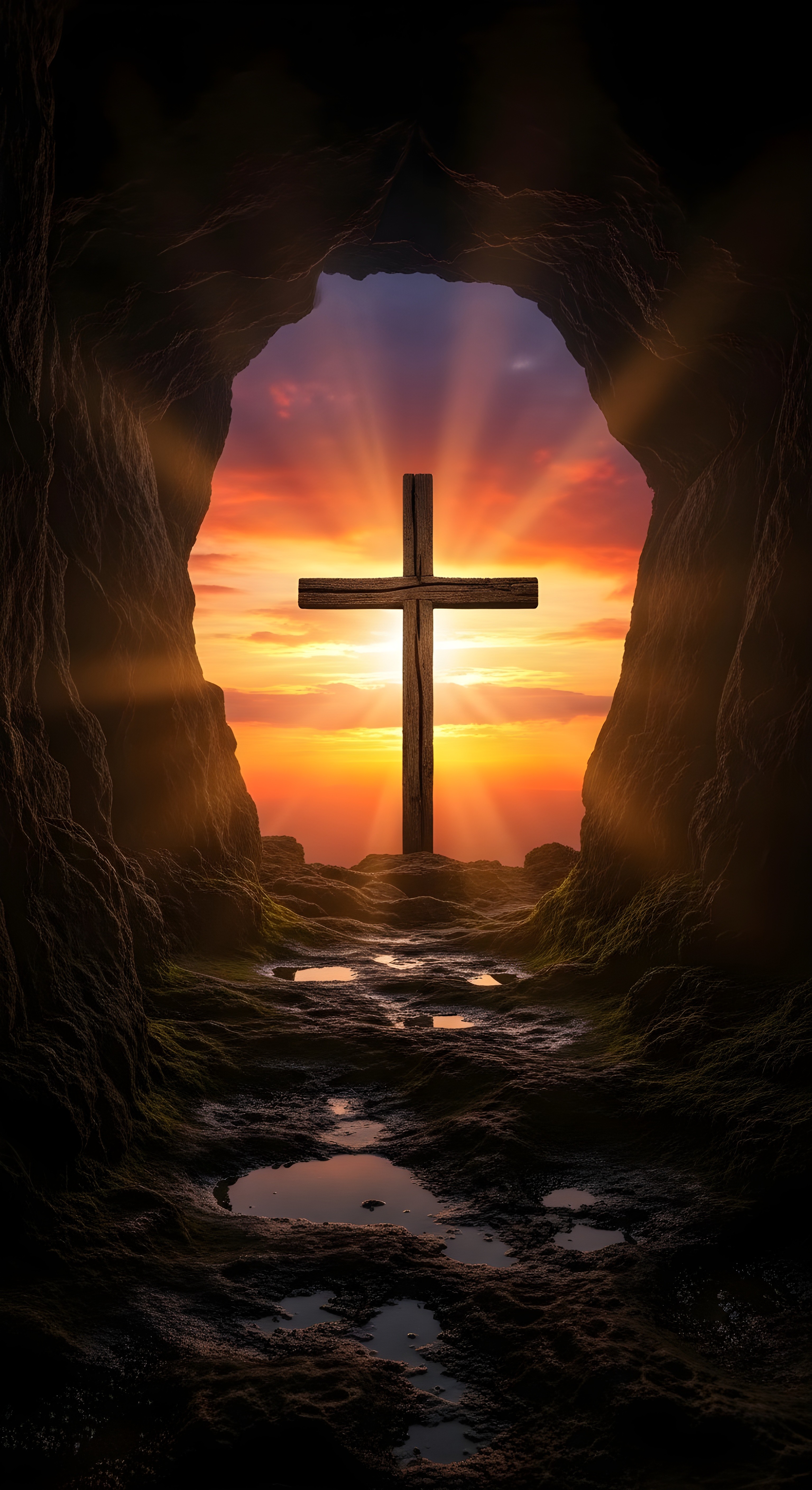 Spiritual Cross at Cave Entrance Sunset Wallpaper HD 4K Aesthetic