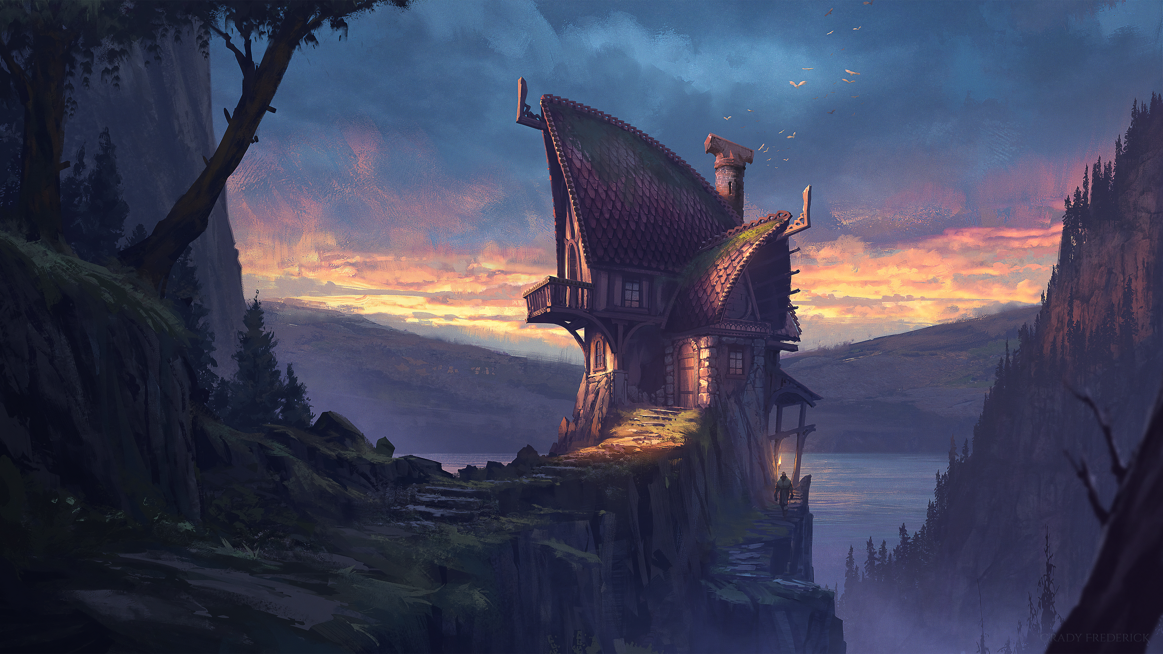 Fantasy Cliffside House Aesthetic Wallpaper HD 4K - Cool Digital Art