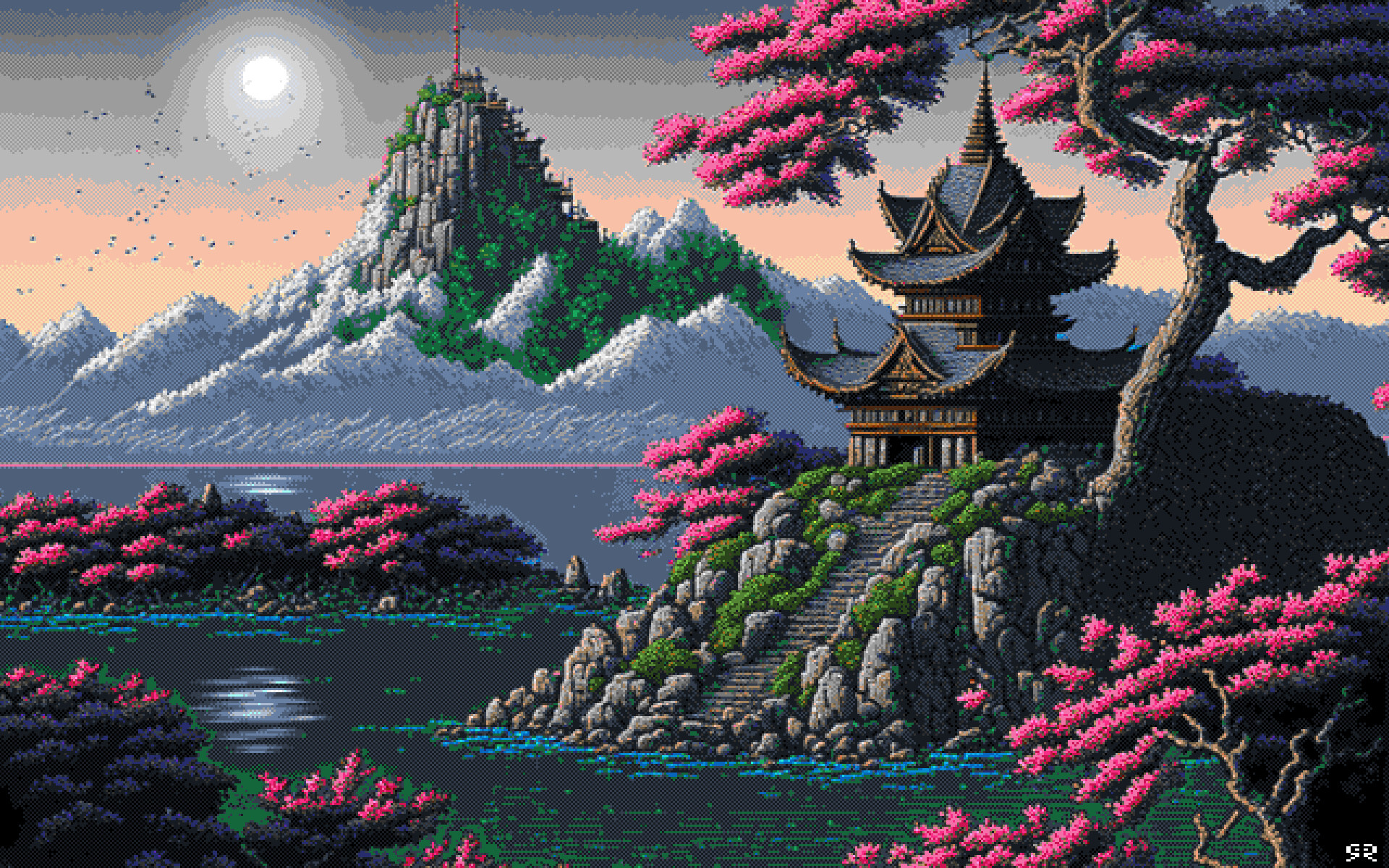 Aesthetic Pixel Art Japanese Pagoda Landscape Wallpaper HD 4K