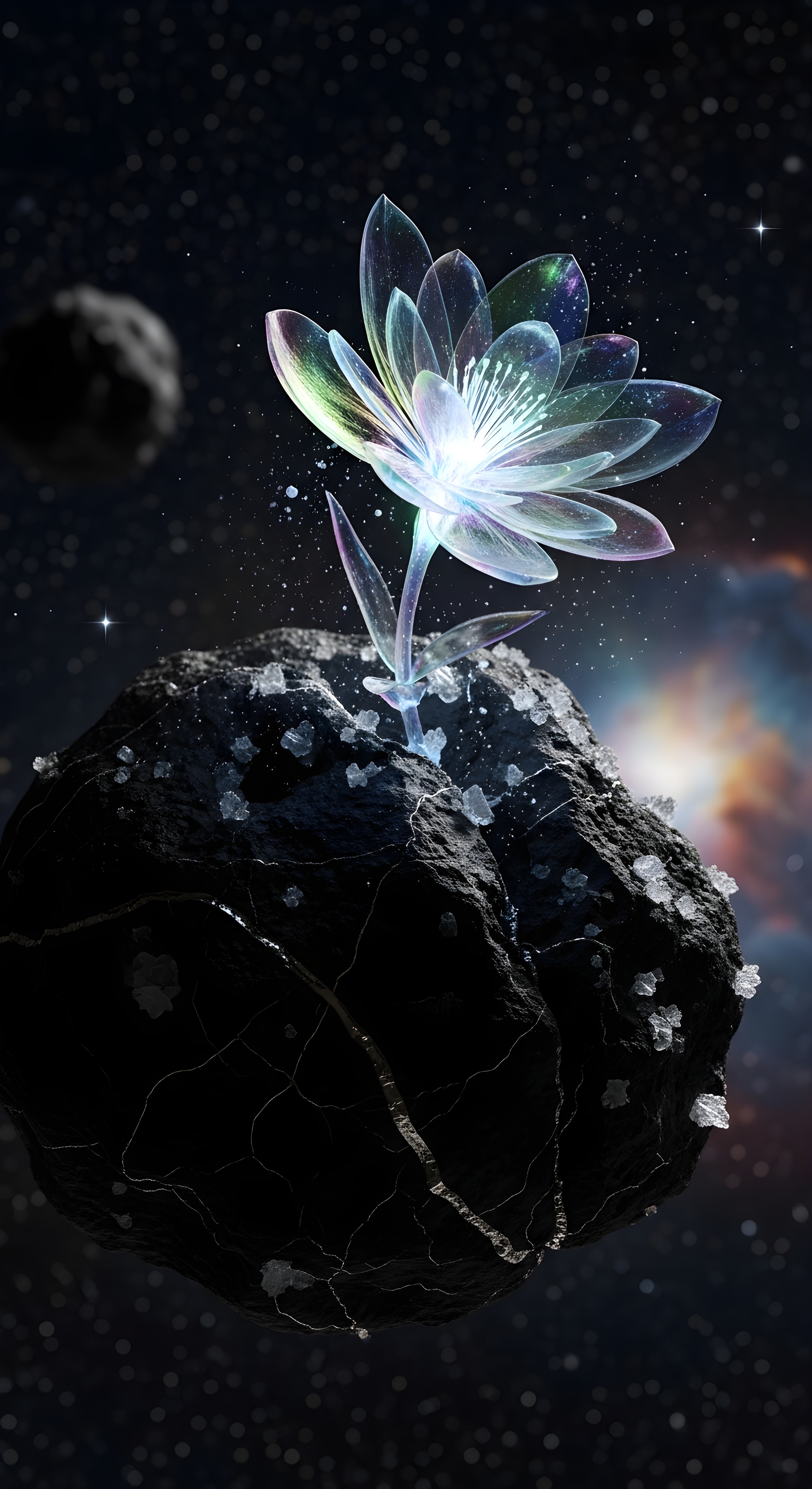 Aesthetic Space Flower Wallpaper HD 4K - Glowing Crystal Bloom on Asteroid