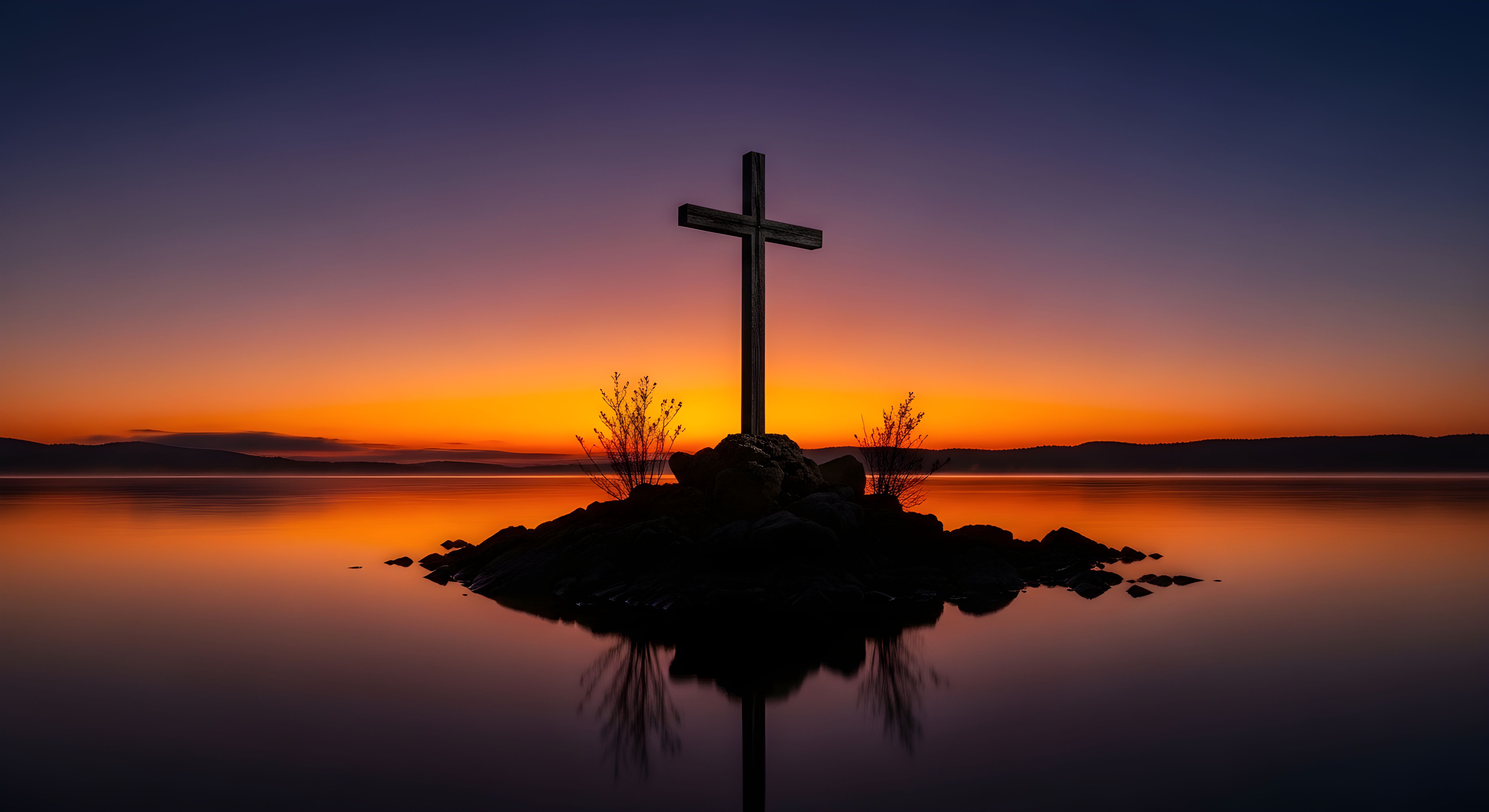 Cross at Sunset Lake Wallpaper HD 4K - Aesthetic Religious Background