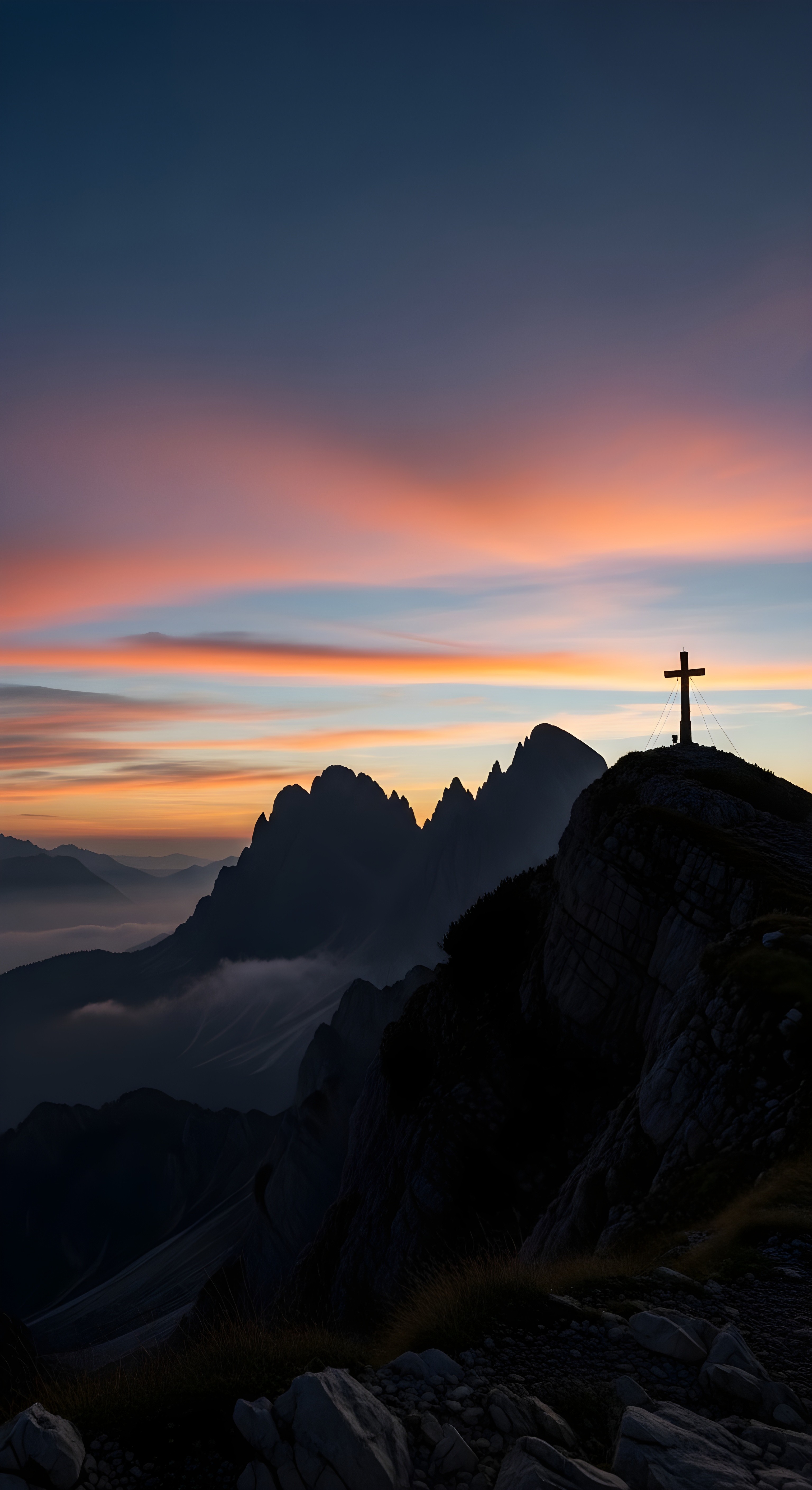 Scenic Mountain Peak with Cross at Sunset Wallpaper 4K HD Aesthetic