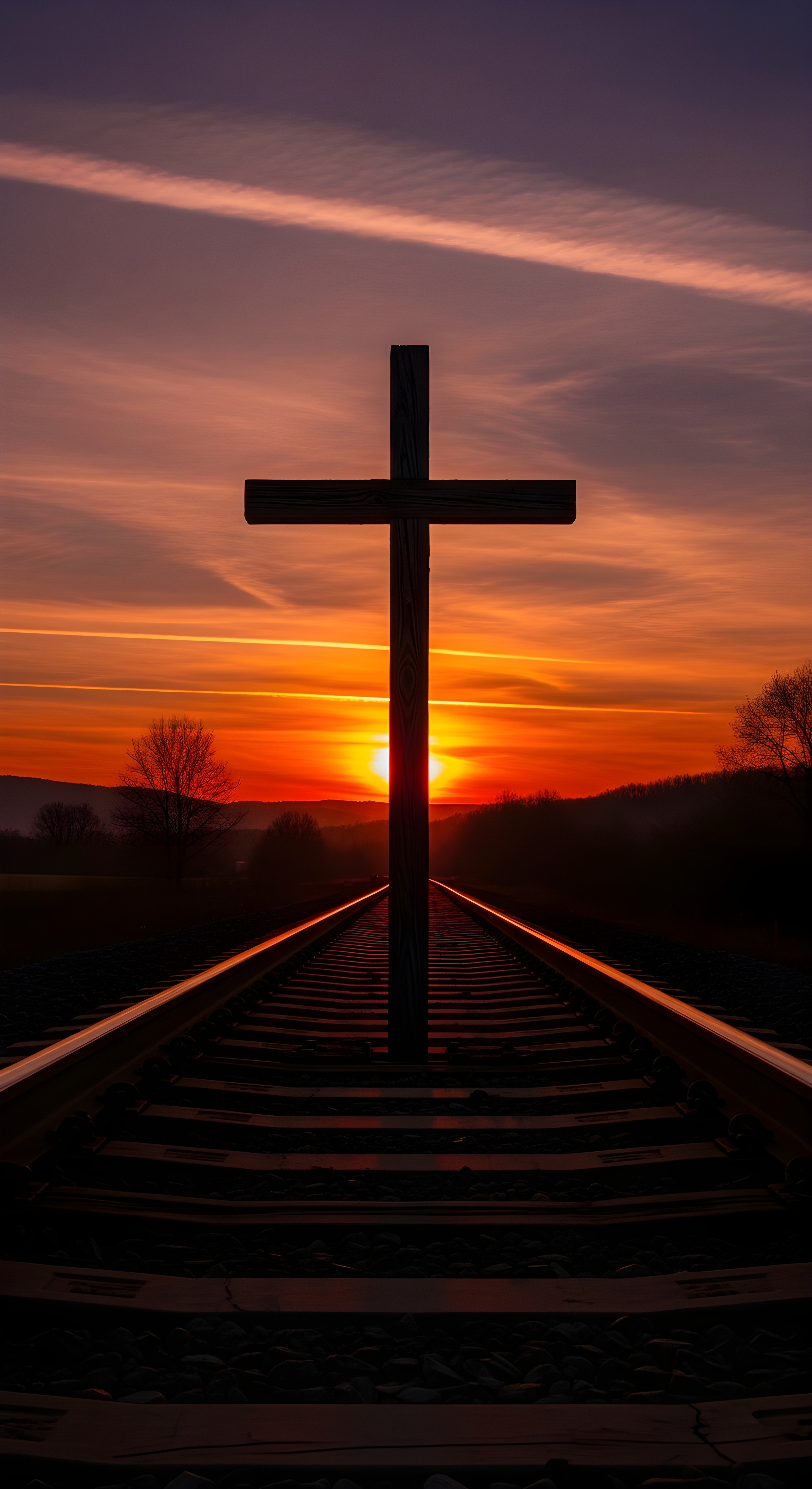 Spiritual Cross on Railway Track Sunset Wallpaper HD 4K Aesthetic