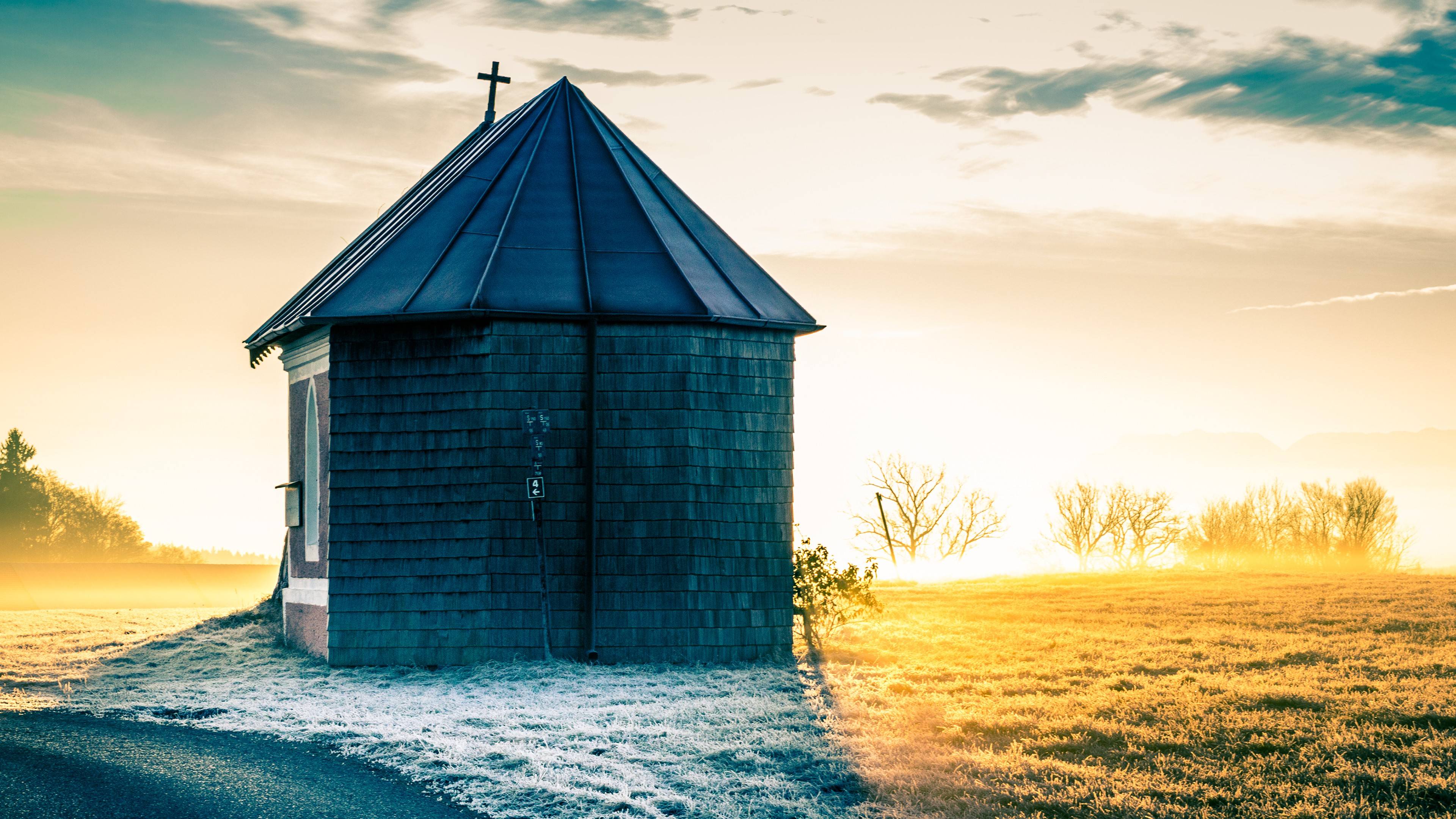Aesthetic Morning Chapel Wallpaper HD 4K - Peaceful Sunrise Landscape