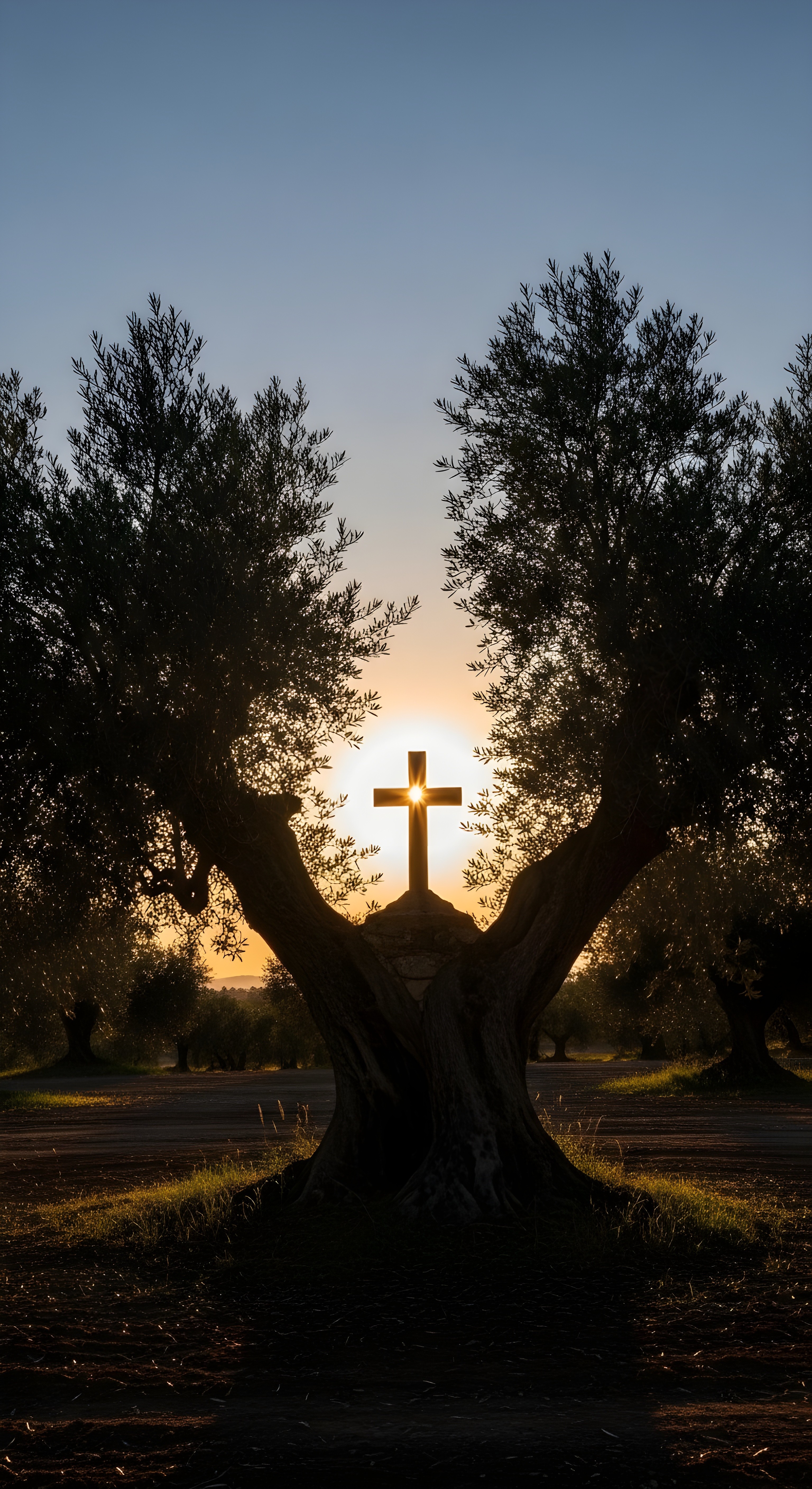 Aesthetic Spiritual Cross in Olive Tree Sunset Wallpaper HD 4K