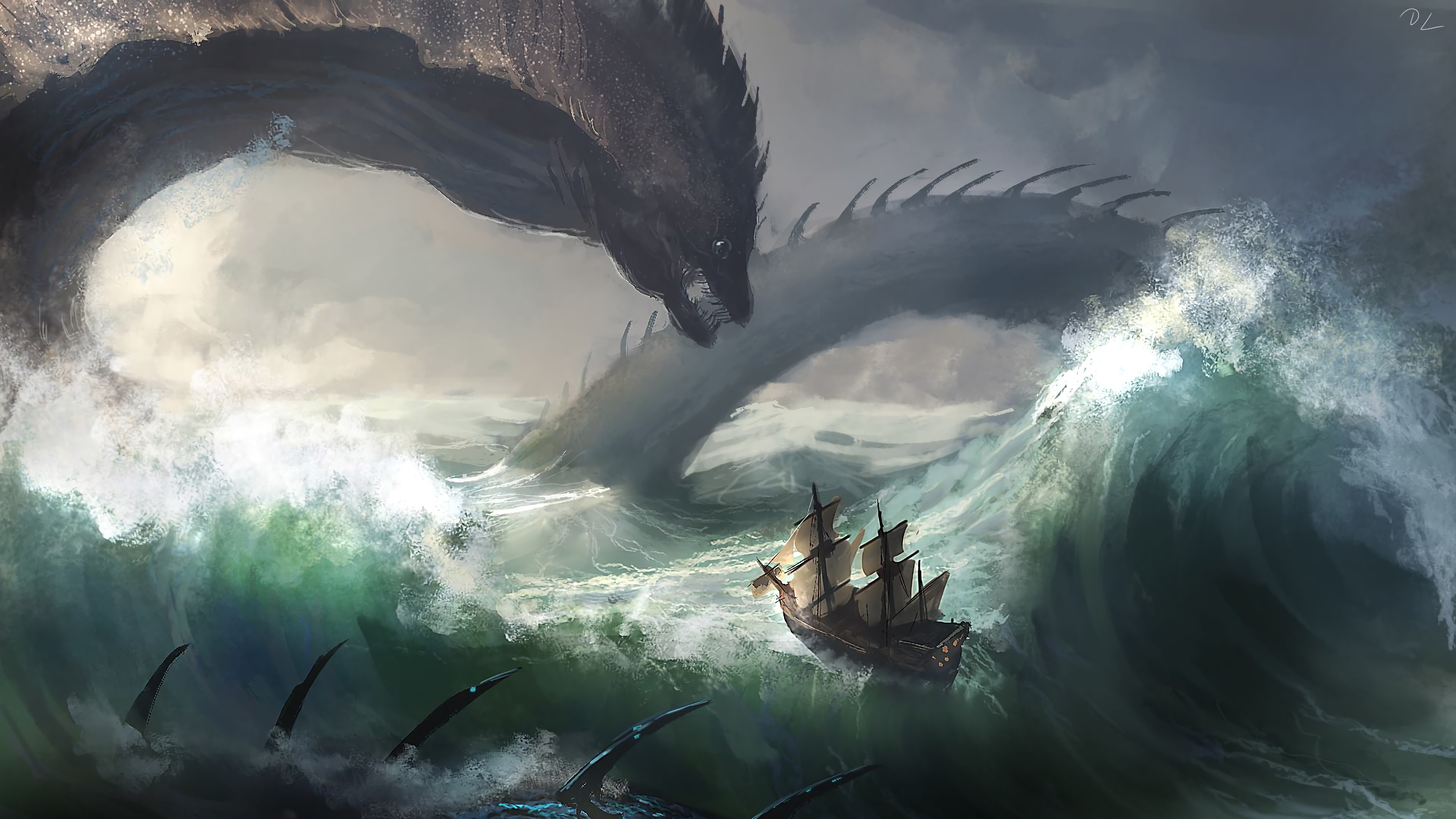 Epic Sea Serpent vs Sailing Ship Fantasy Wallpaper HD 4K Aesthetic