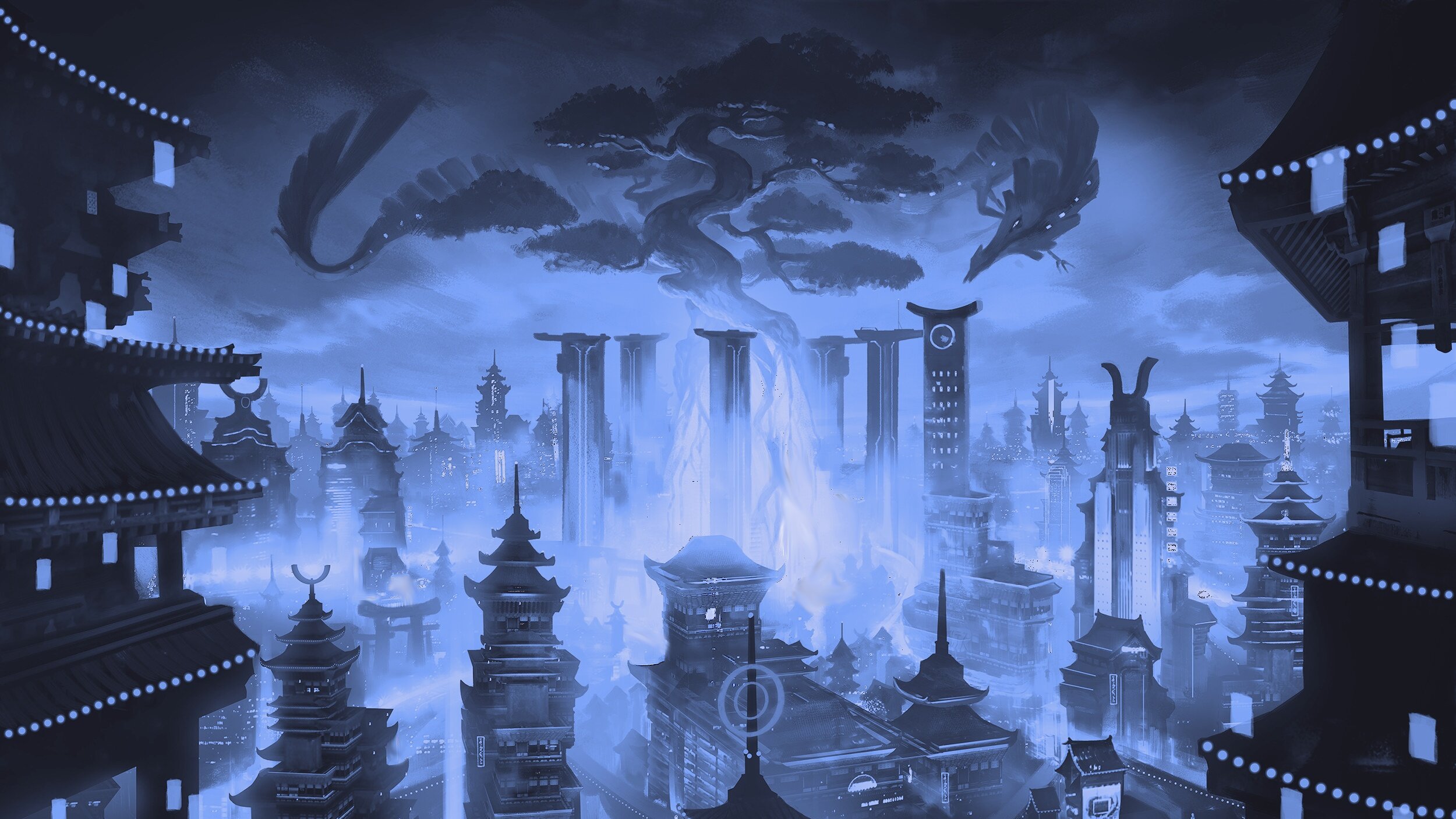 Aesthetic Japanese Fantasy City Wallpaper HD 4K Cool Blue Landscape