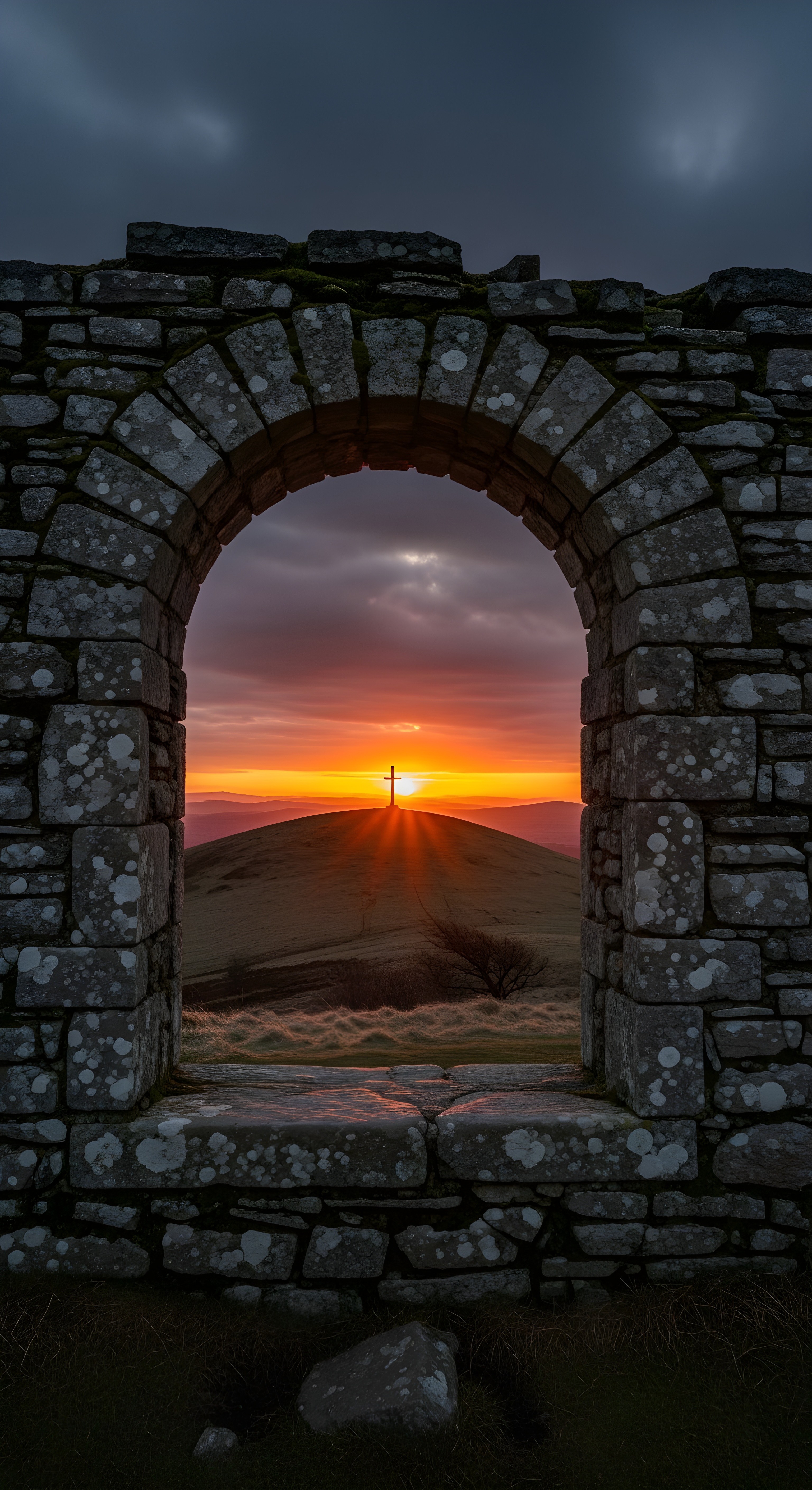 Sunset Cross Through Stone Arch HD 4K Aesthetic Wallpaper