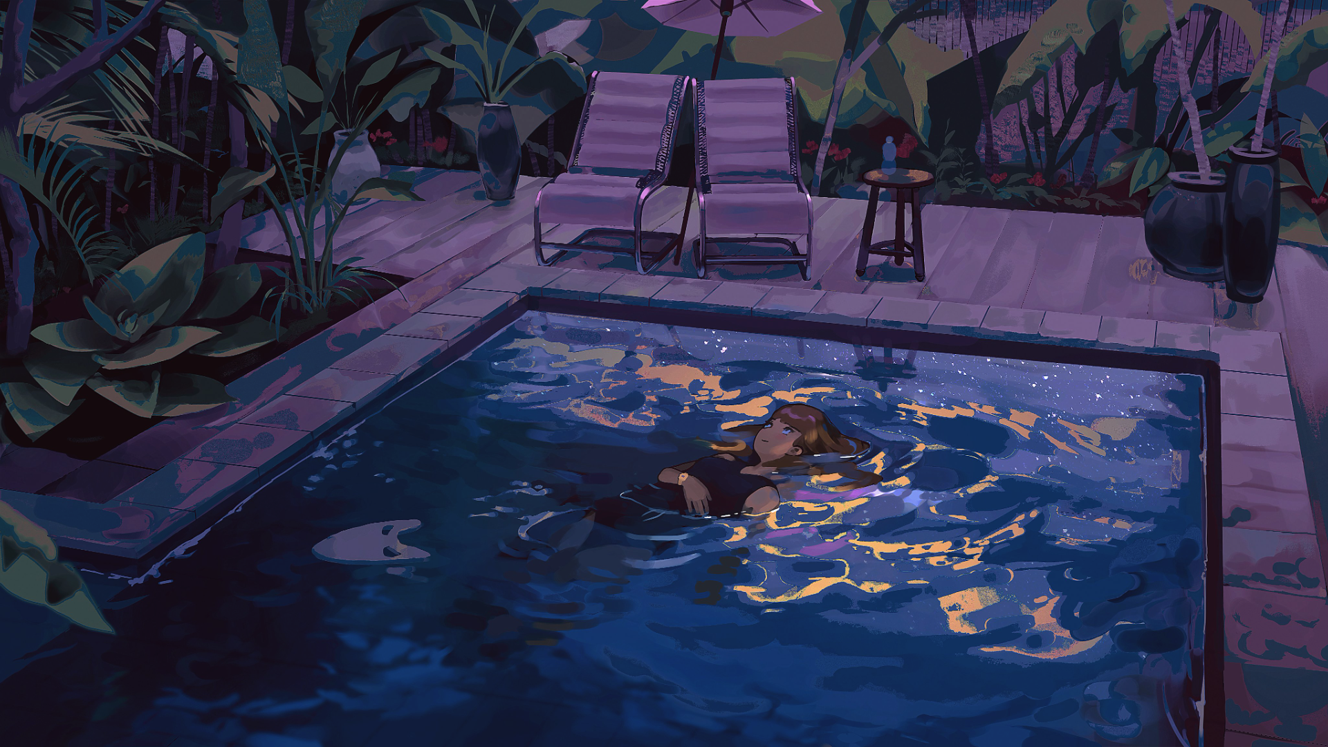 Aesthetic Night Pool Girl Floating Wallpaper HD 4K Chill Lo-Fi Vibe