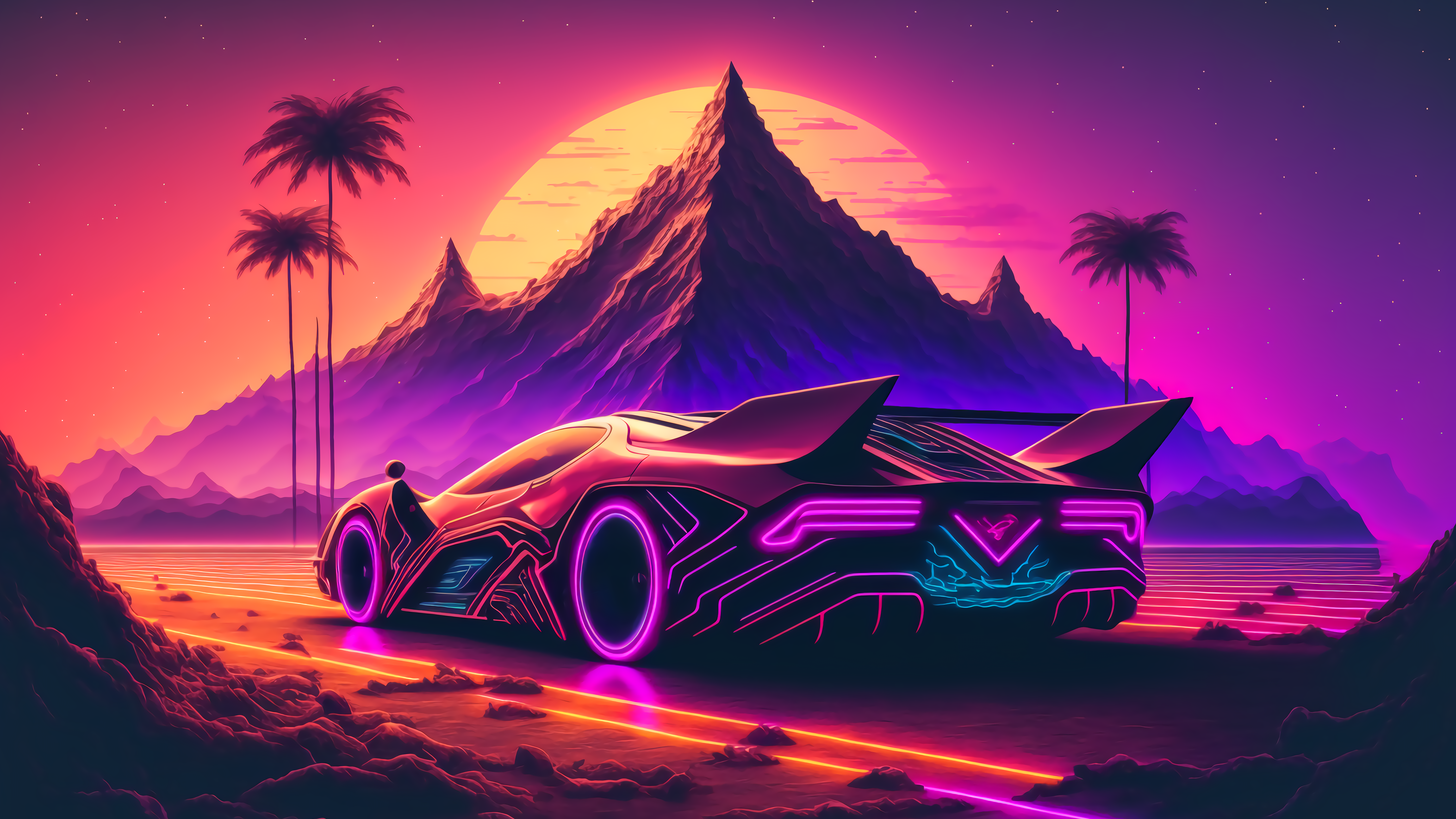 Synthwave Futuristic Car Wallpaper HD 4K - Aesthetic Retrowave Sunset