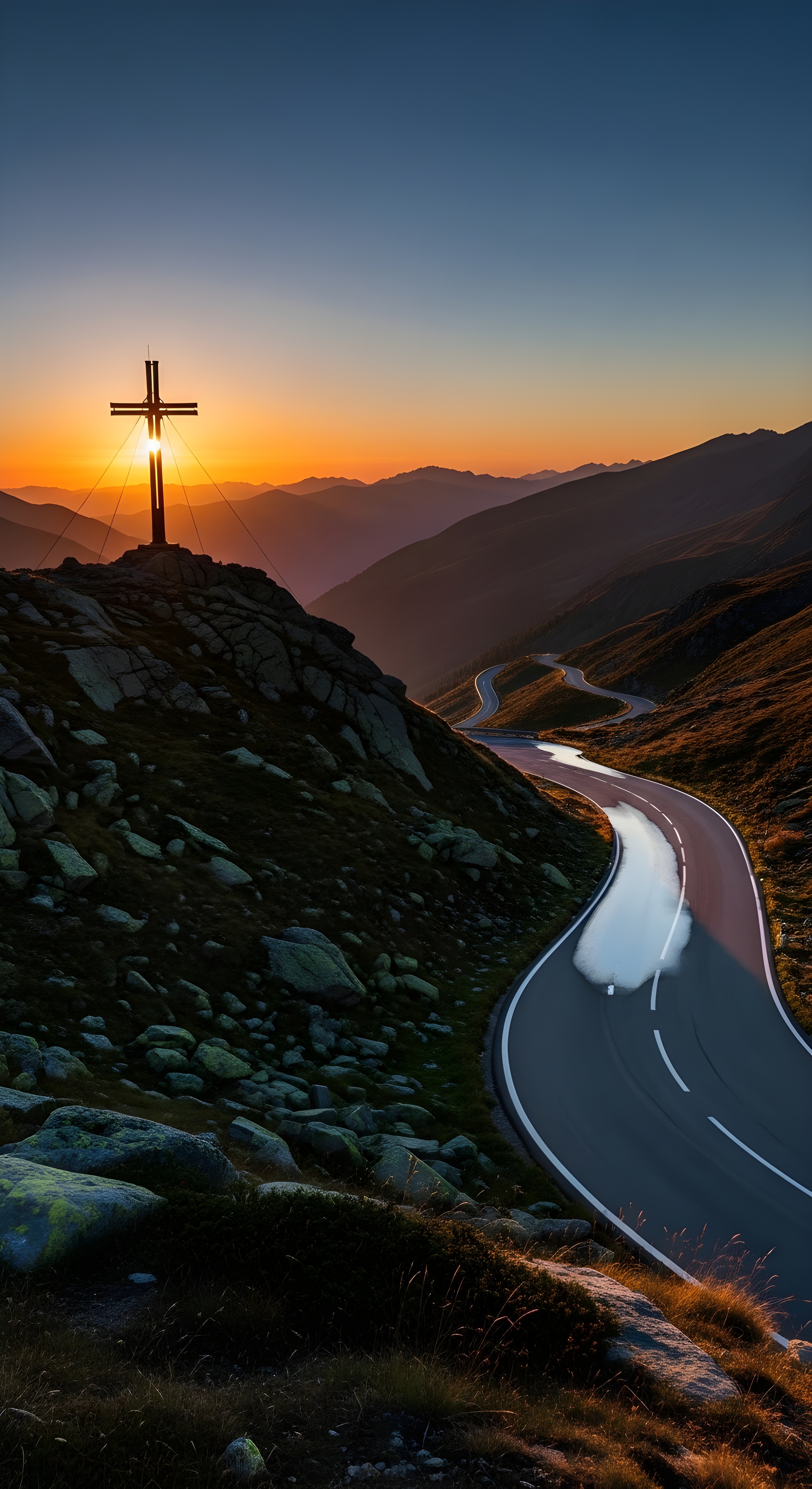 Majestic Sunset Mountain Road & Cross Wallpaper HD 4K Aesthetic