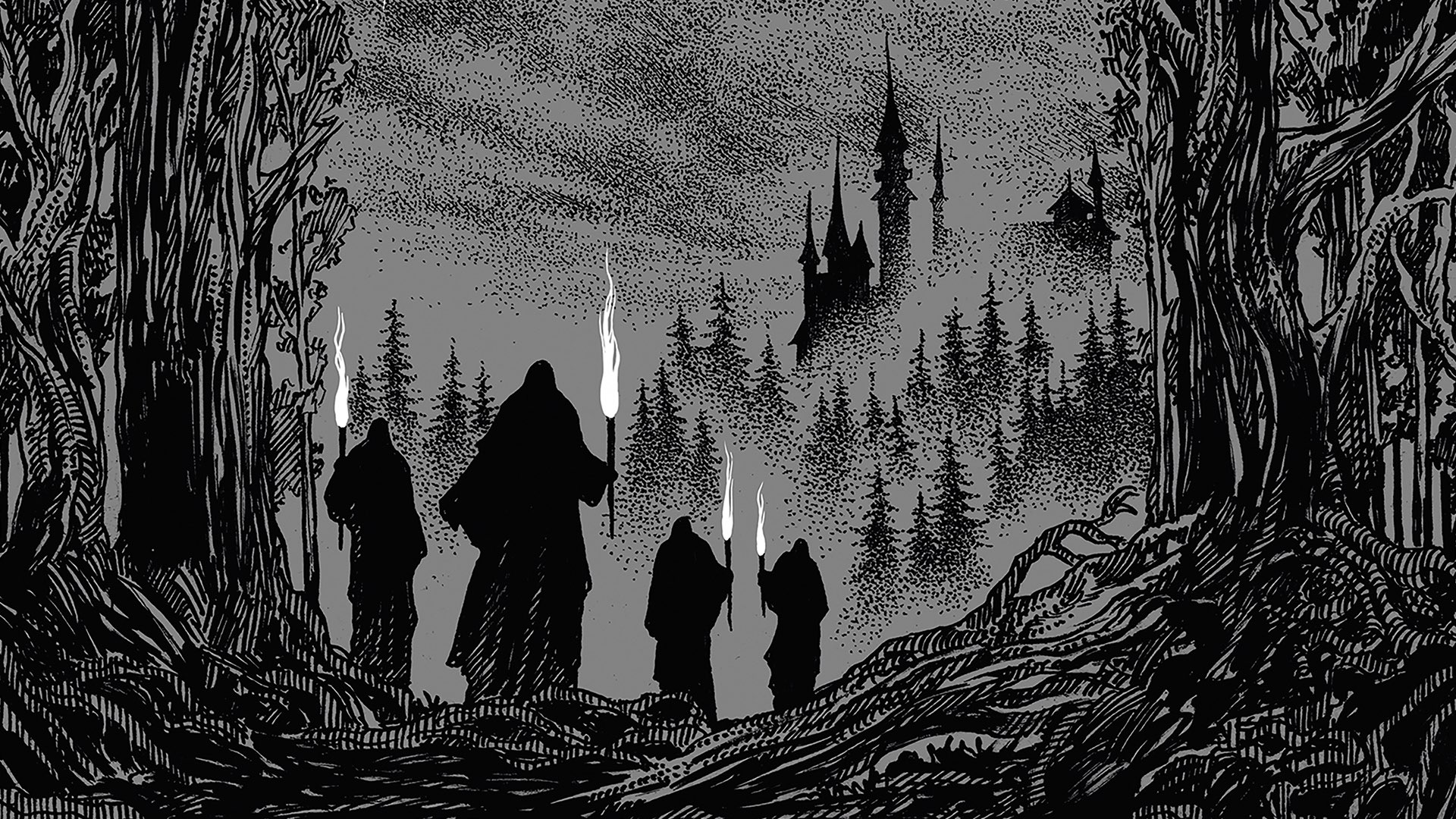 Dark Fantasy Forest Aesthetic Wallpaper HD 4K - Mysterious Gothic Castle