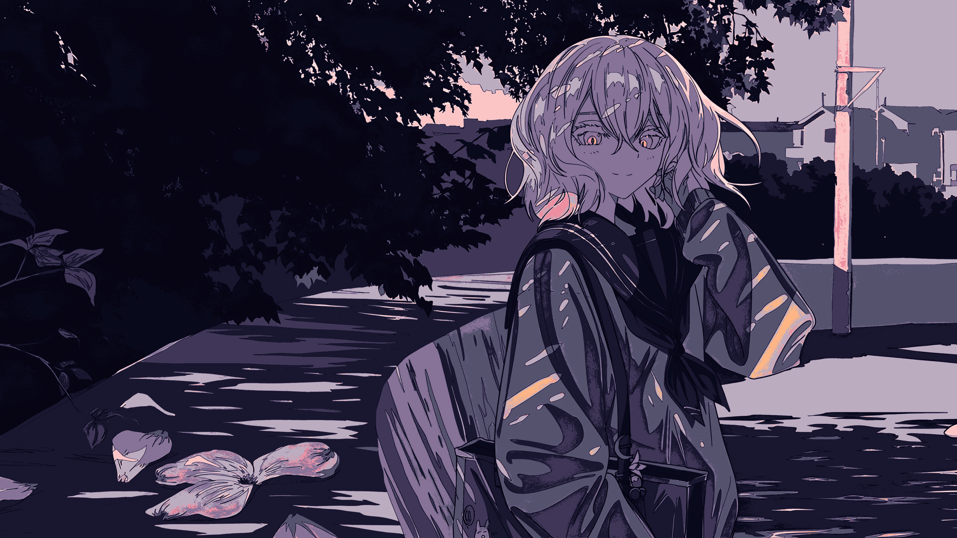 Aesthetic Anime Girl in School Uniform Purple Dusk Wallpaper HD 4K