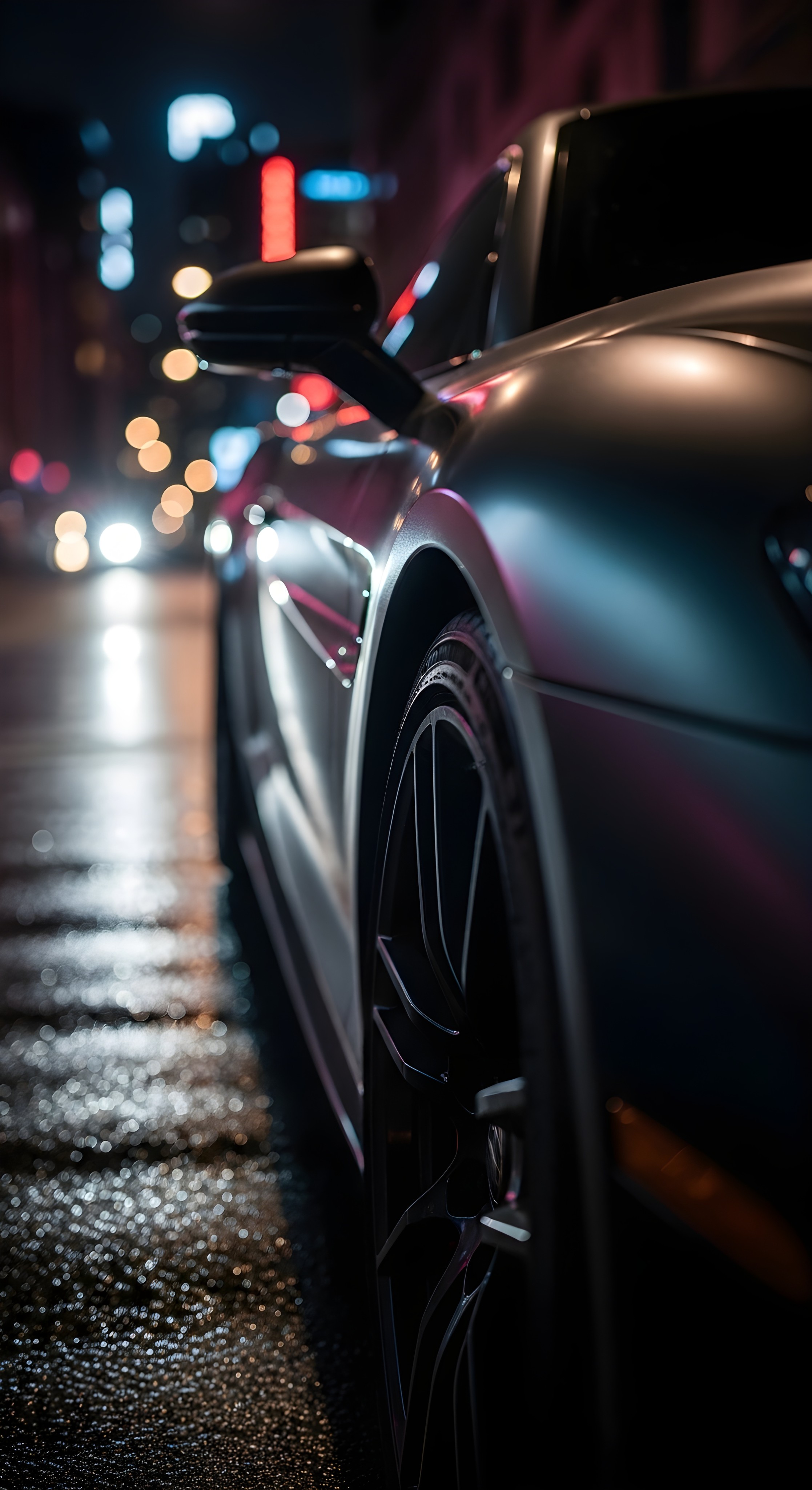 Luxury Matte Grey Sports Car Night City Aesthetic Wallpaper HD 4K