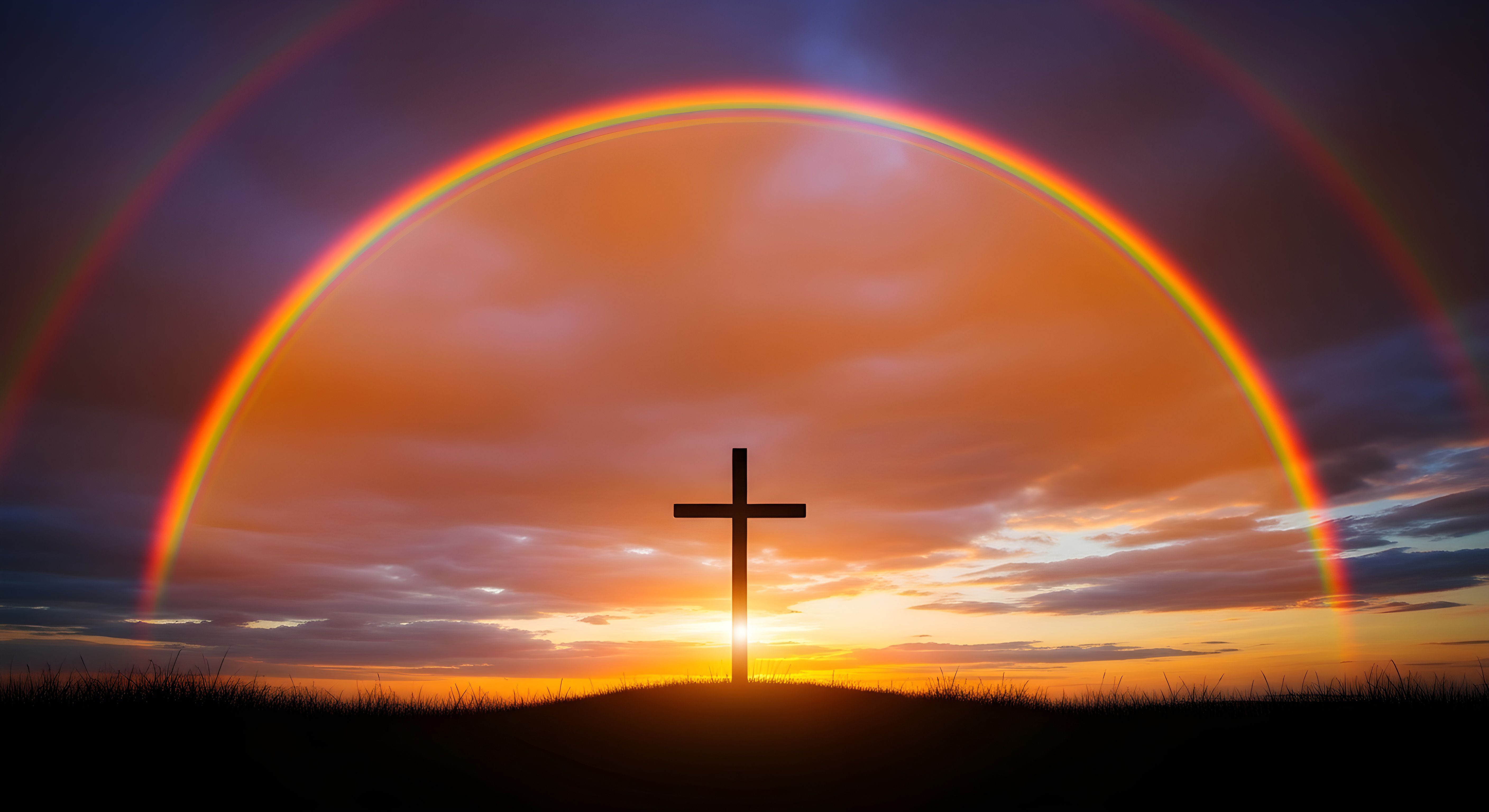 Aesthetic Cross Silhouette with Double Rainbow Wallpaper HD 4K