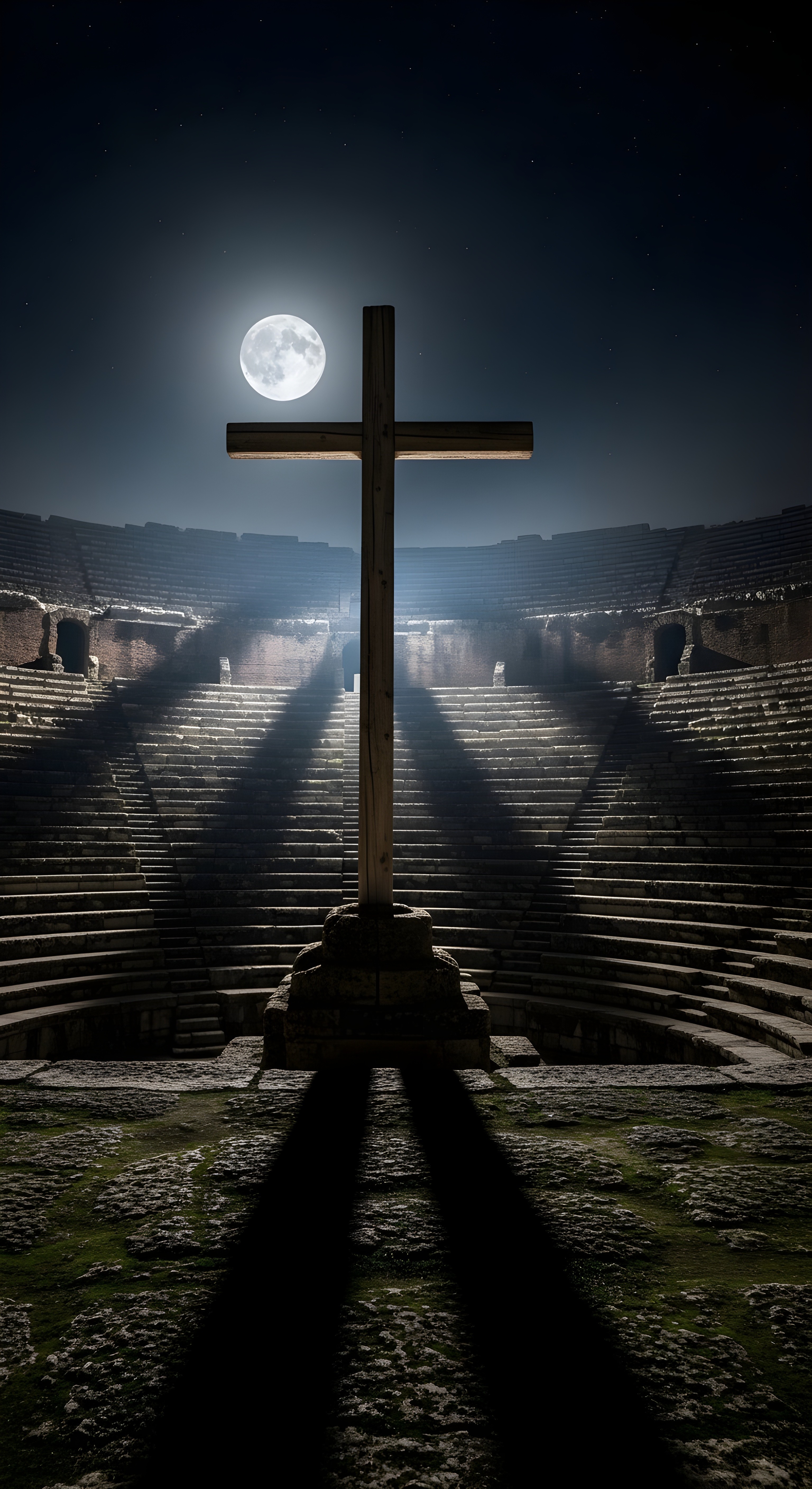 Aesthetic Cross in Ancient Amphitheater Moonlight 4K Wallpaper