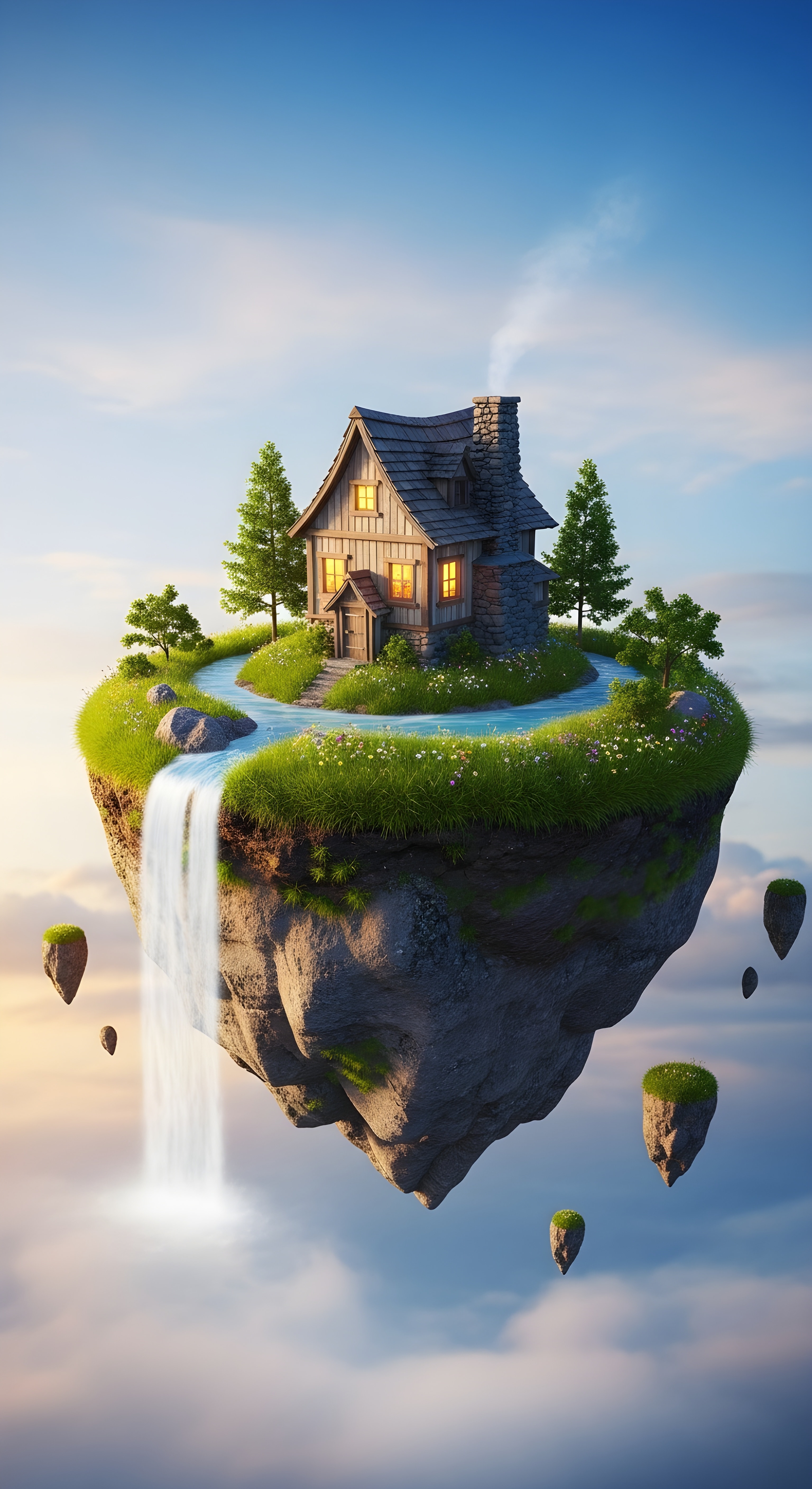 Aesthetic Floating Island Fantasy Wallpaper HD 4K - Cool Magical House