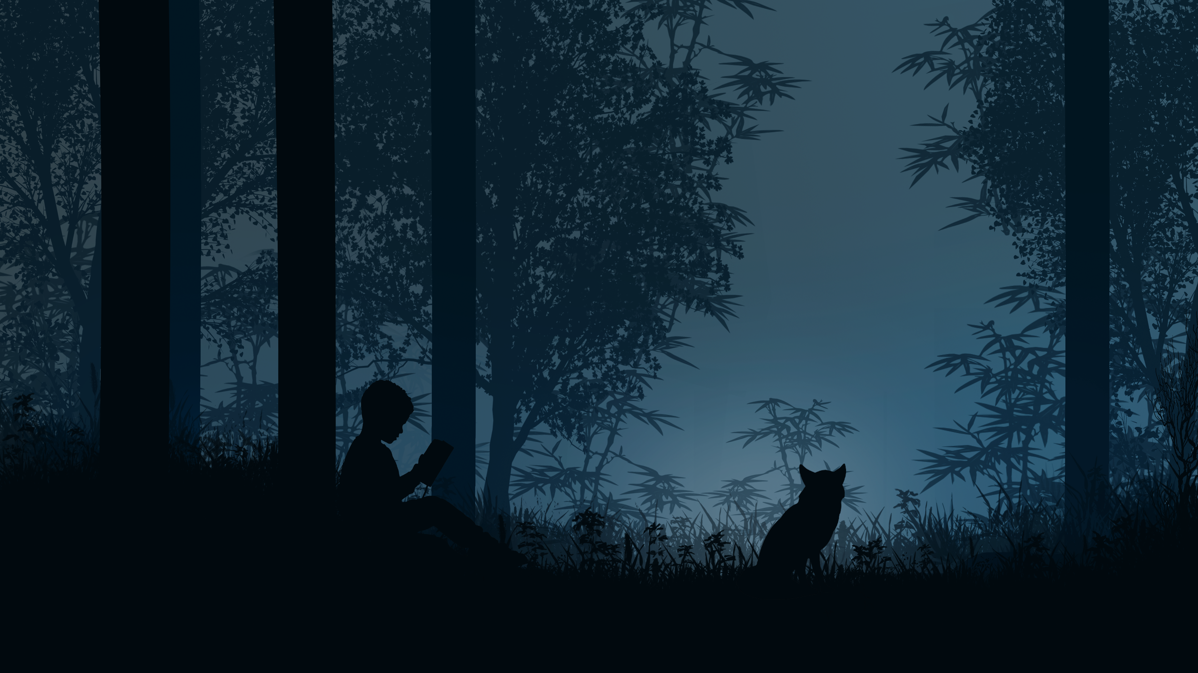 Aesthetic Minimalist Forest Wallpaper HD 4K - Boy Reading with Cat