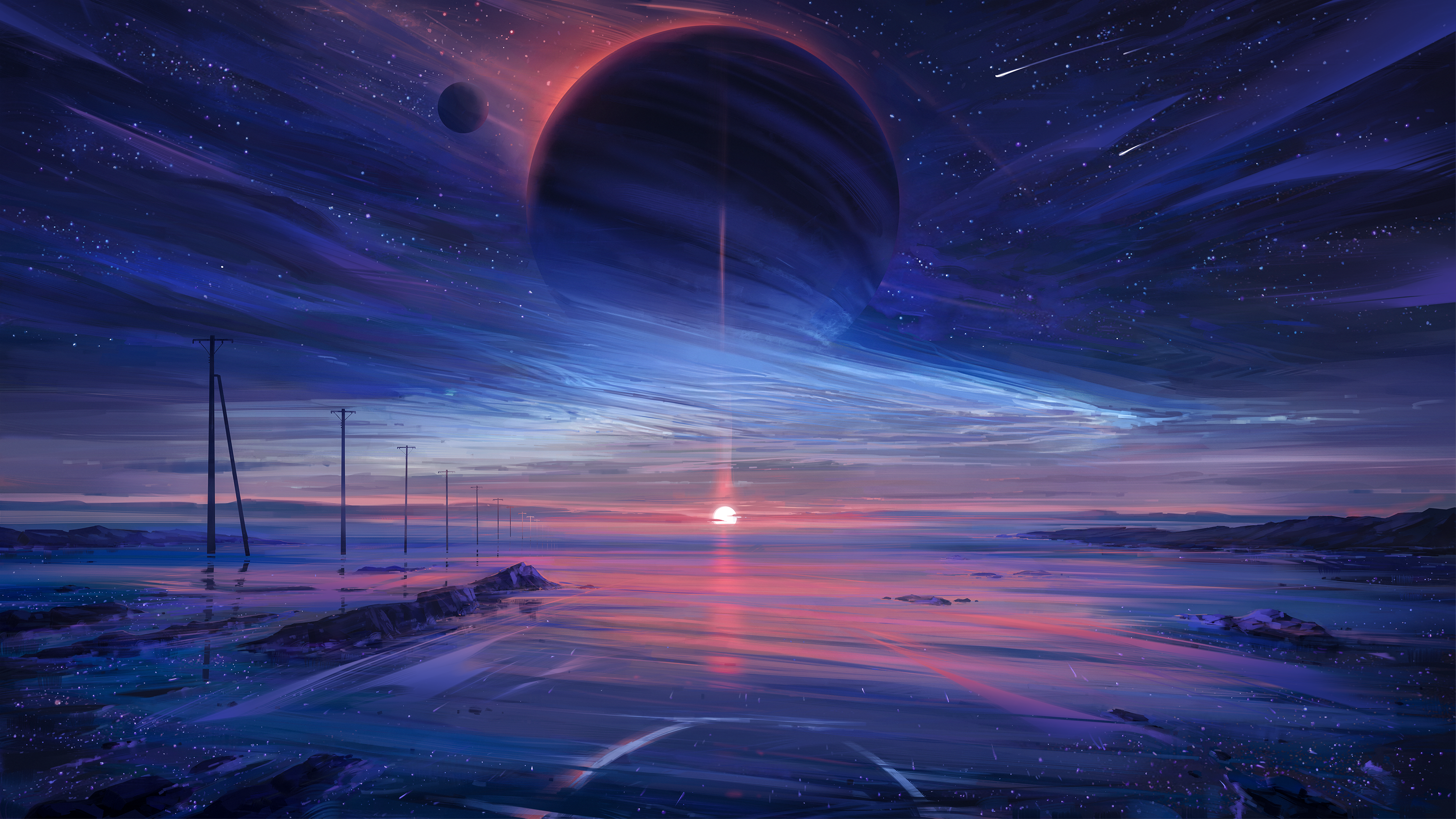 Sci-Fi Space Landscape Wallpaper HD 4K - Aesthetic Planet Sunset Art
