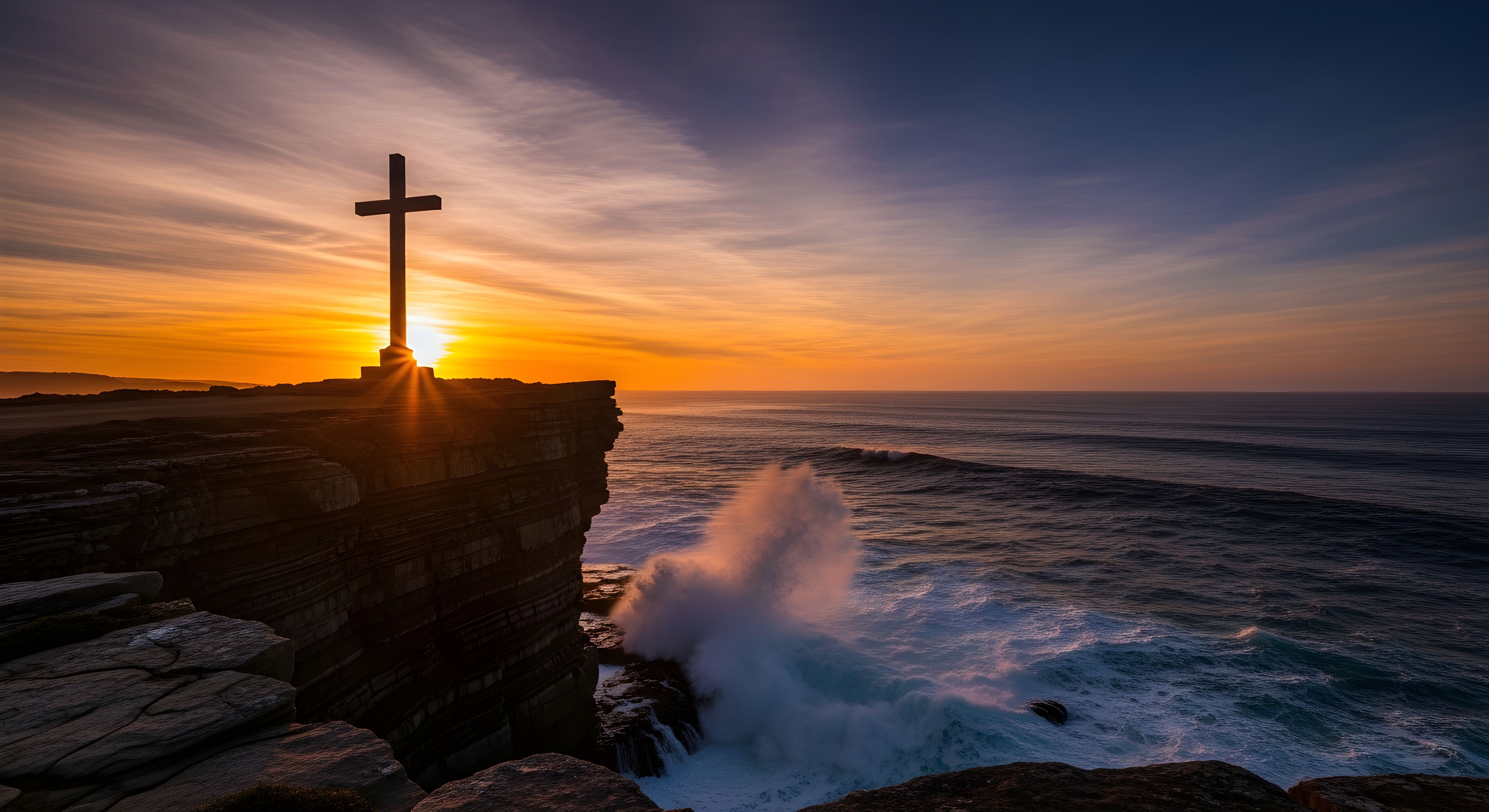 Cross on Cliff Sunset Wallpaper HD 4K - Aesthetic Ocean Waves & Nature